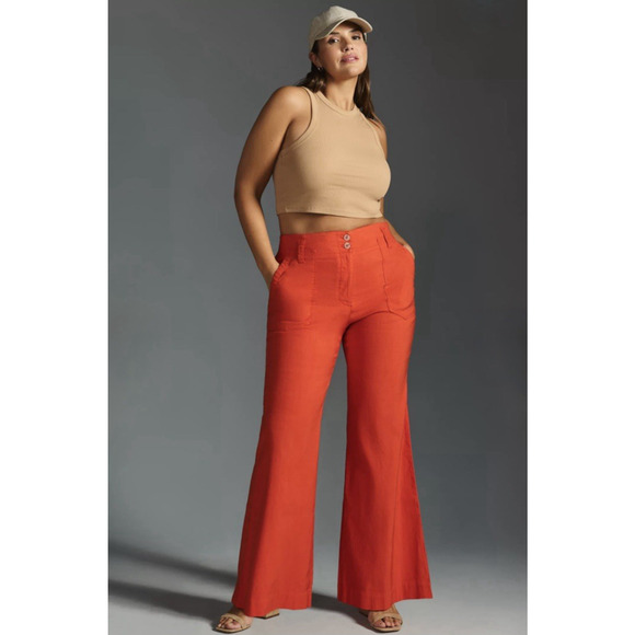 Anthropologie Maeve The Naomi Wide-Leg Flare Pants Plus Size 26W Orange Preppy - Picture 3 of 16